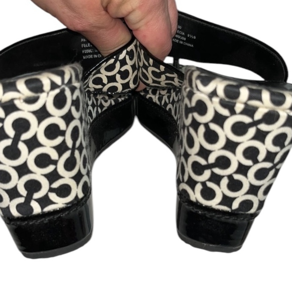 Coach size 10 black & creamy white thong wedge heel patent leather trim - Picture 3 of 13